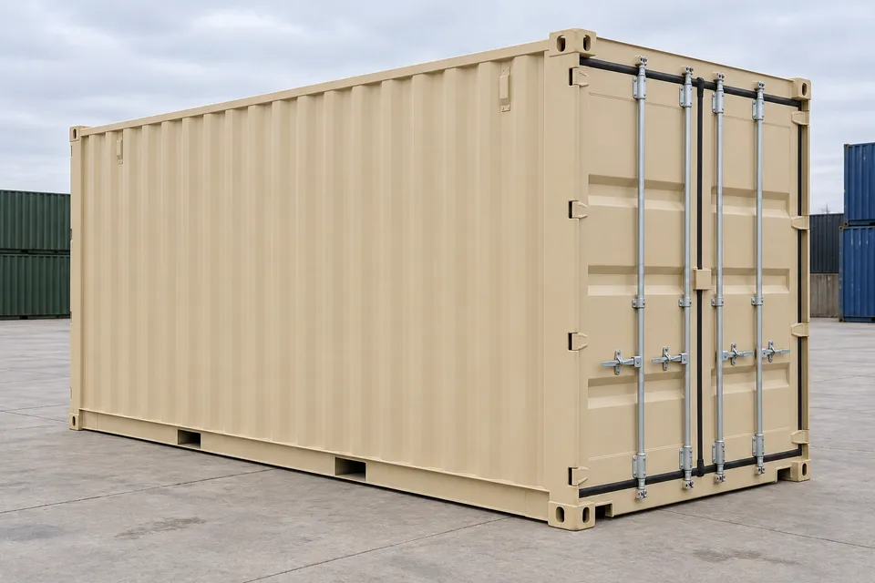 Container 20 pés High Cube · Novo · primeira viagem · Bege. Imagem para esta configuração. O fornecedor confirmará a unidade, o seu estado real e o equipamento.
