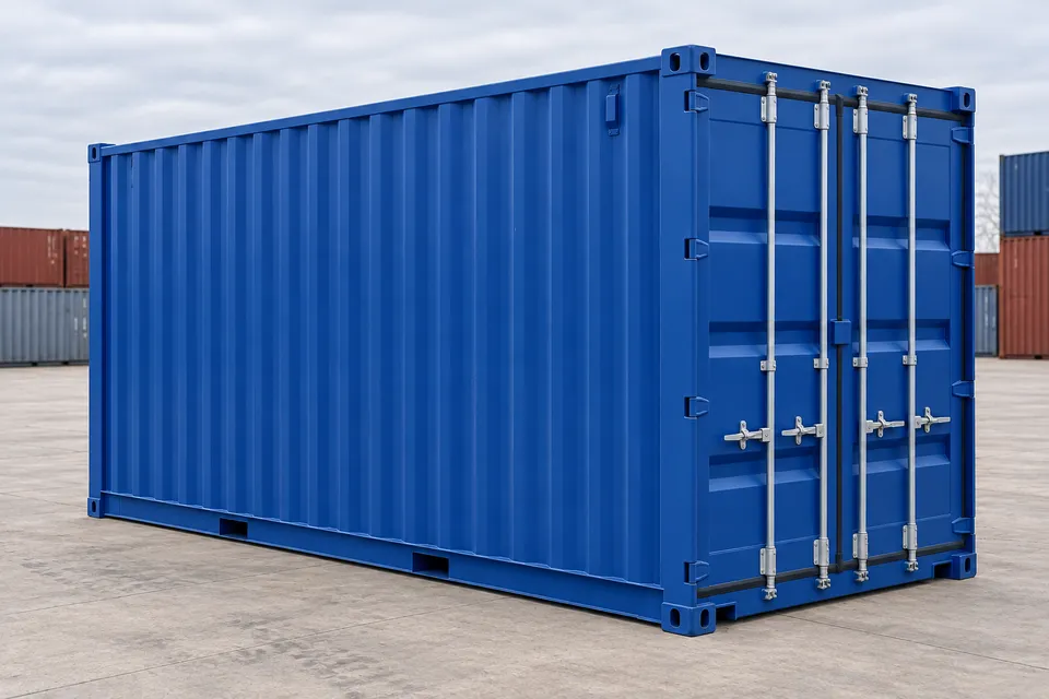 Container 20 fot High Cube · Ny · én sjøreise · Blå. Bilde av denne konfigurasjonen. Leverandøren vil bekrefte den faktiske enheten, dens tilstand og utstyr.