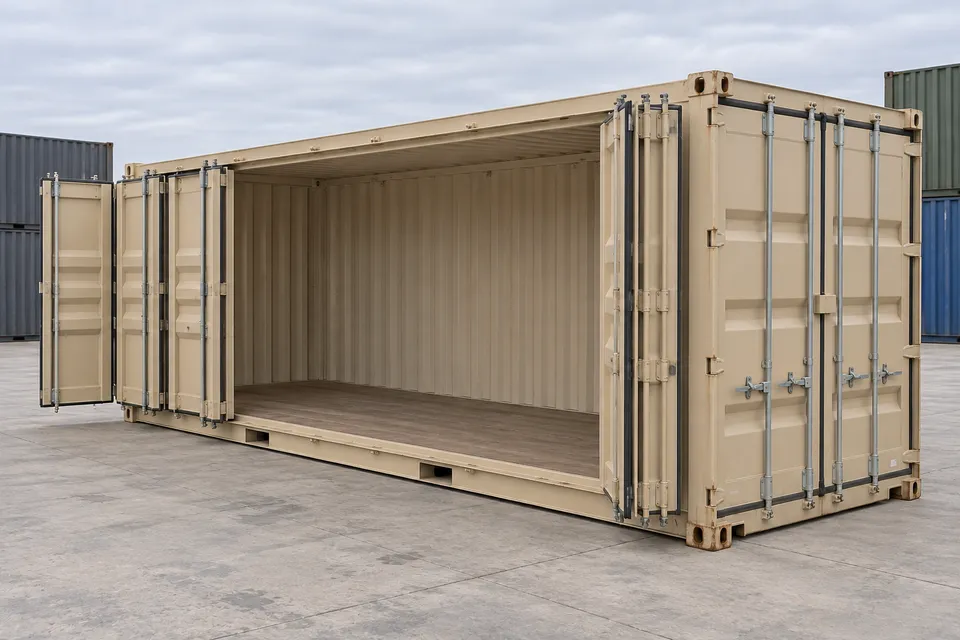 Container 20 pieds Ouverture latérale · Occasion · très bon état · Beige. Visuel pour cette configuration. Le fournisseur confirmera l’exemplaire, son état réel et ses équipements.