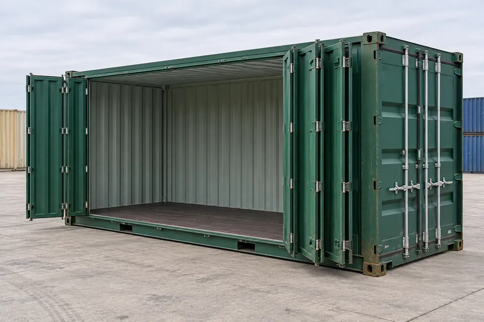 Container 20 ft Open Side · Begagnad · utmärkt skick · Grön. Bild av denna konfiguration. Leverantören bekräftar den faktiska enheten, dess skick och utrustning.
