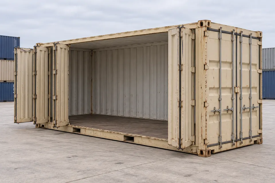 Container 20 pieds Ouverture latérale · Occasion · bon état · Beige. Visuel pour cette configuration. Le fournisseur confirmera l’exemplaire, son état réel et ses équipements.