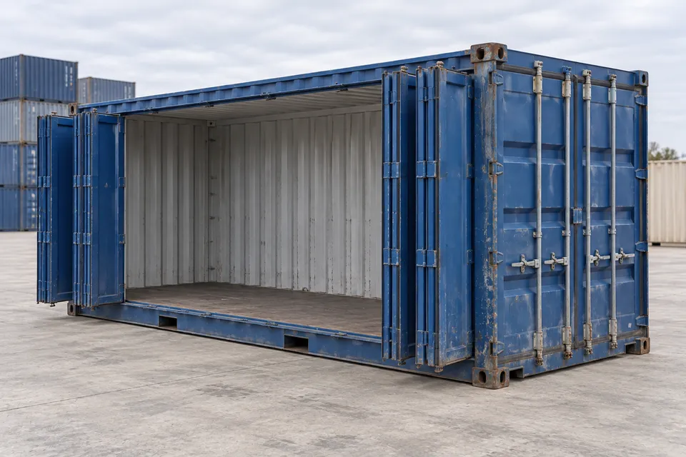 Container 20 pieds Ouverture latérale · Occasion · bon état · Bleu. Visuel pour cette configuration. Le fournisseur confirmera l’exemplaire, son état réel et ses équipements.