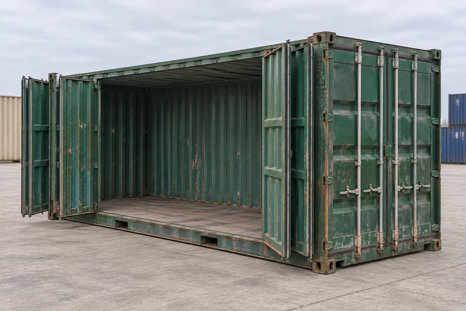 Container 20 fot Open Side · Brukt · siste sjøreise · Grønn. Bilde av denne konfigurasjonen. Leverandøren vil bekrefte den faktiske enheten, dens tilstand og utstyr.