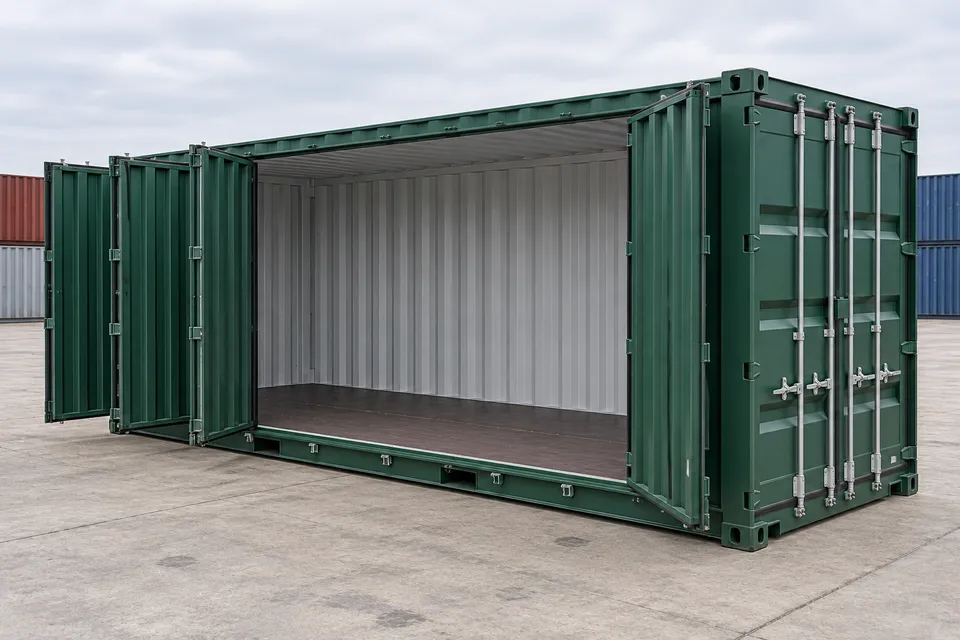 Container 20 ft Open Side · Ny · en resa · Grön. Bild av denna konfiguration. Leverantören bekräftar den faktiska enheten, dess skick och utrustning.
