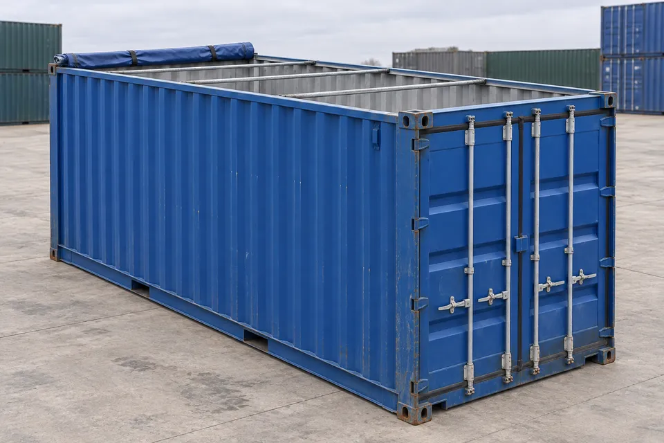 Container 20 pieds Open Top · Occasion · très bon état · Bleu. Visuel pour cette configuration. Le fournisseur confirmera l’exemplaire, son état réel et ses équipements.