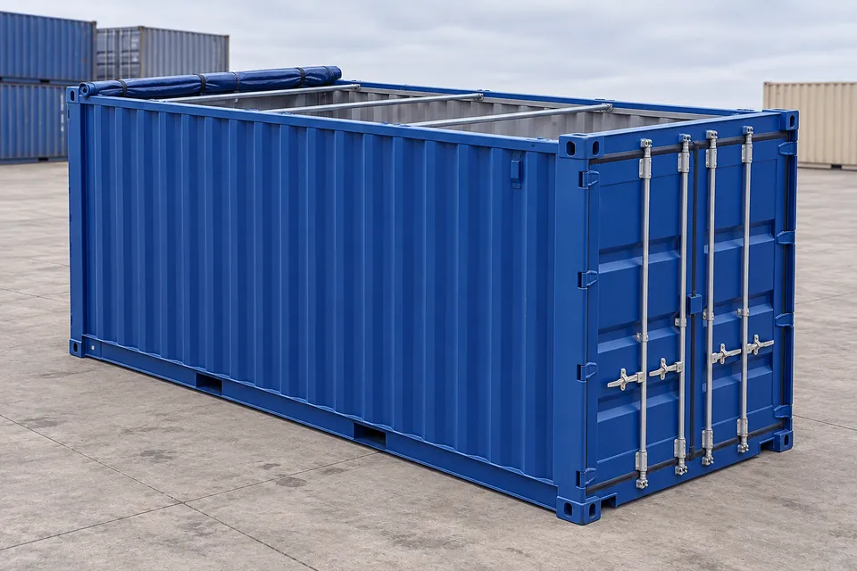 Container 20 Fuß Open Top · Neu · One Trip · Blau. Bild dieser Konfiguration. Der Anbieter bestätigt das konkrete Exemplar, seinen tatsächlichen Zustand und seine Ausstattung.