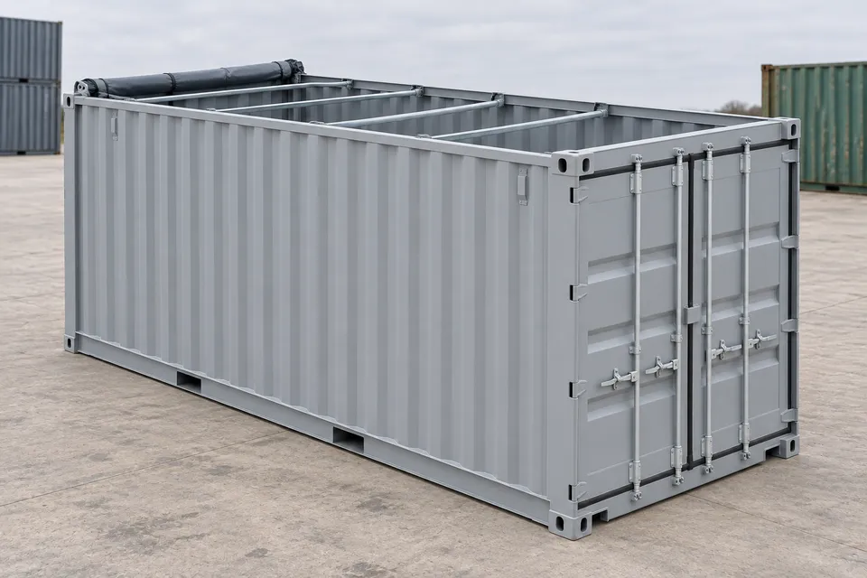 Container 20 pieds Open Top · Neuf · premier voyage · Gris. Visuel pour cette configuration. Le fournisseur confirmera l’exemplaire, son état réel et ses équipements.