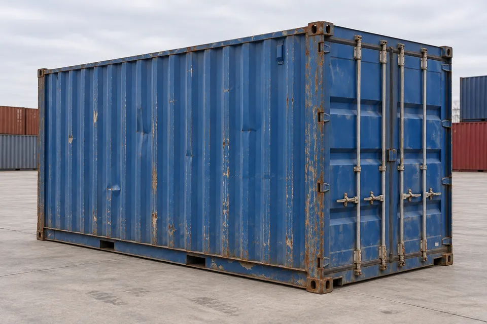 Container 20 pieds Standard · Occasion · dernier voyage · Bleu. Visuel pour cette configuration. Le fournisseur confirmera l’exemplaire, son état réel et ses équipements.