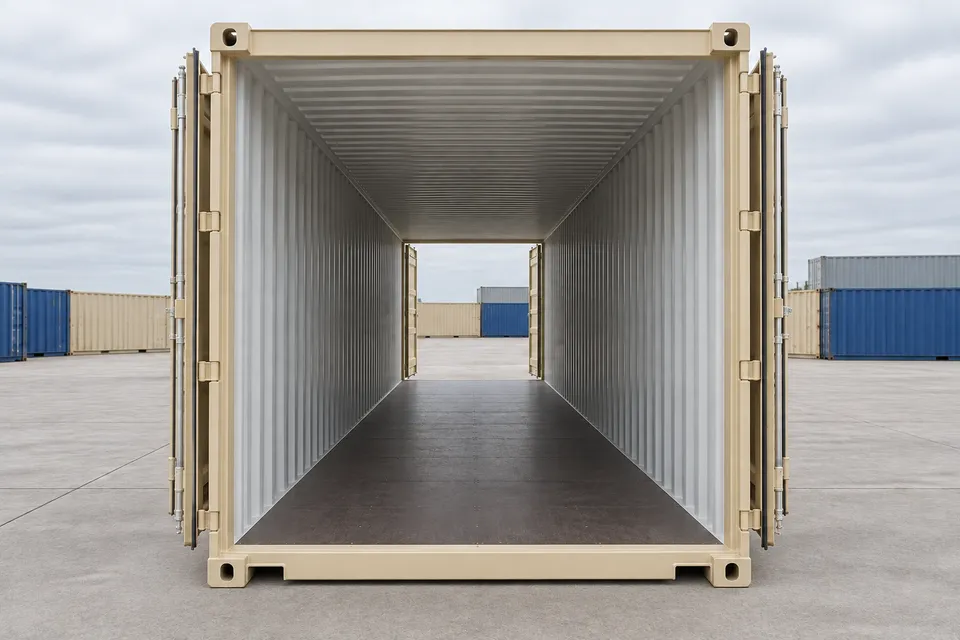 Container 40 Fuß Doppeltür · Neu · One Trip · Beige. Bild dieser Konfiguration. Der Anbieter bestätigt das konkrete Exemplar, seinen tatsächlichen Zustand und seine Ausstattung.