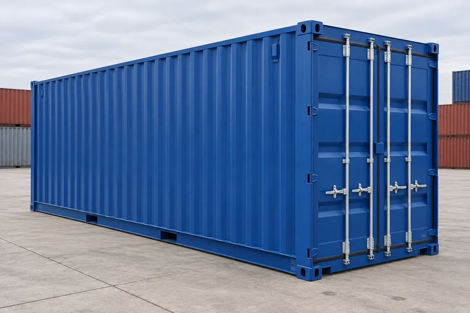 Container 40 pés High Cube · Novo · primeira viagem · Azul. Imagem para esta configuração. O fornecedor confirmará a unidade, o seu estado real e o equipamento.