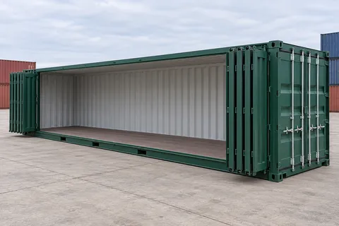 Container 40 pieds Ouverture latérale · Neuf · premier voyage · Vert. Visuel pour cette configuration. Le fournisseur confirmera l’exemplaire, son état réel et ses équipements.