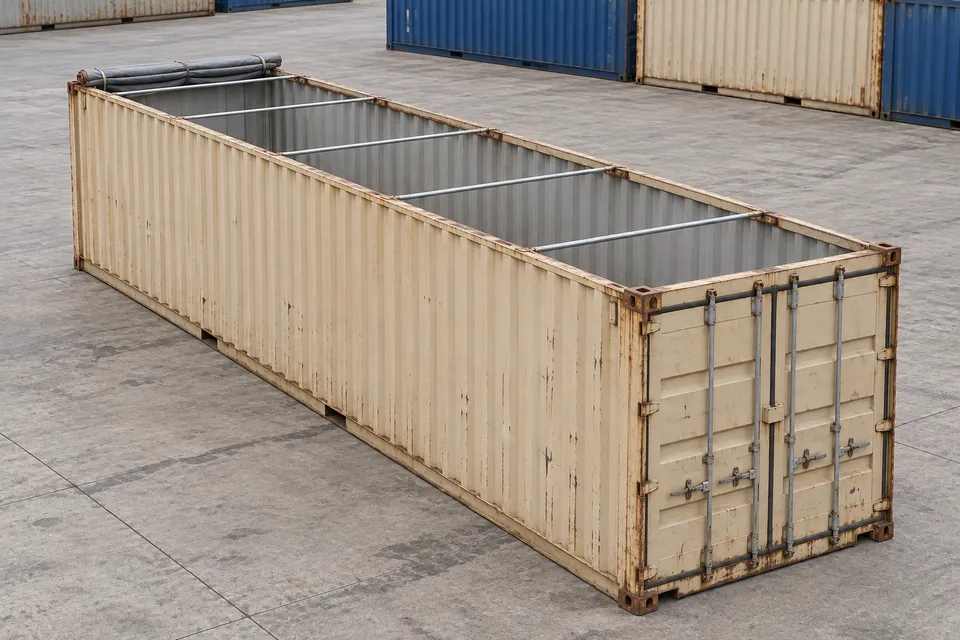 Contentor 40 pés Open Top · Usado · bom estado · Bege. Imagem para esta configuração. O fornecedor confirmará a unidade, o seu estado real e o equipamento.