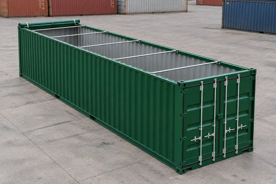 Container 40 ft Open Top · Ny · én rejse · Grøn. Billede af denne konfiguration. Leverandøren bekræfter den faktiske enhed, dens tilstand og udstyr.