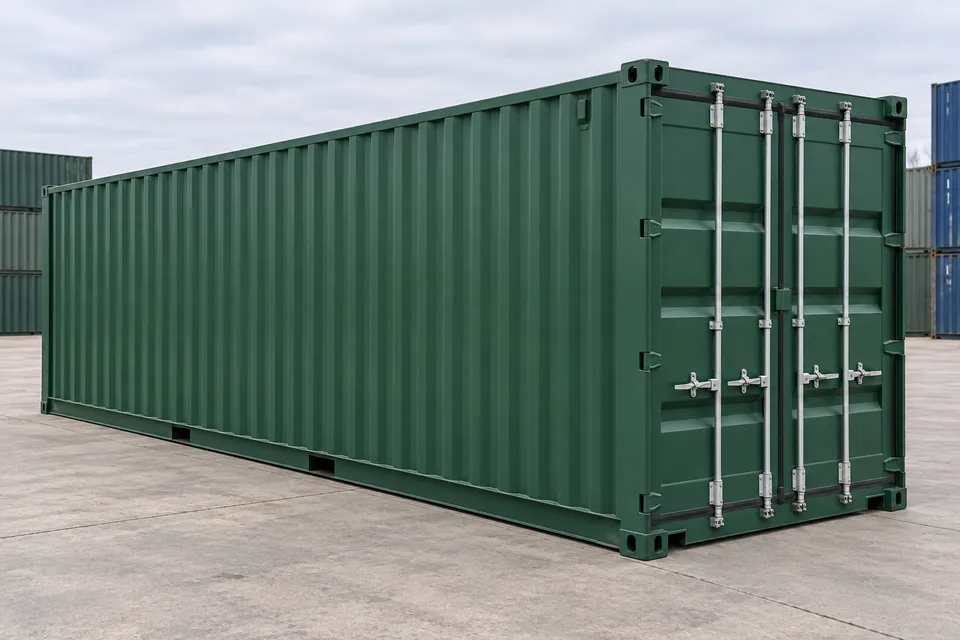 Container 40 ft Standard · New · one trip · Green. Image of this configuration. The supplier will confirm the actual unit, its condition and equipment.