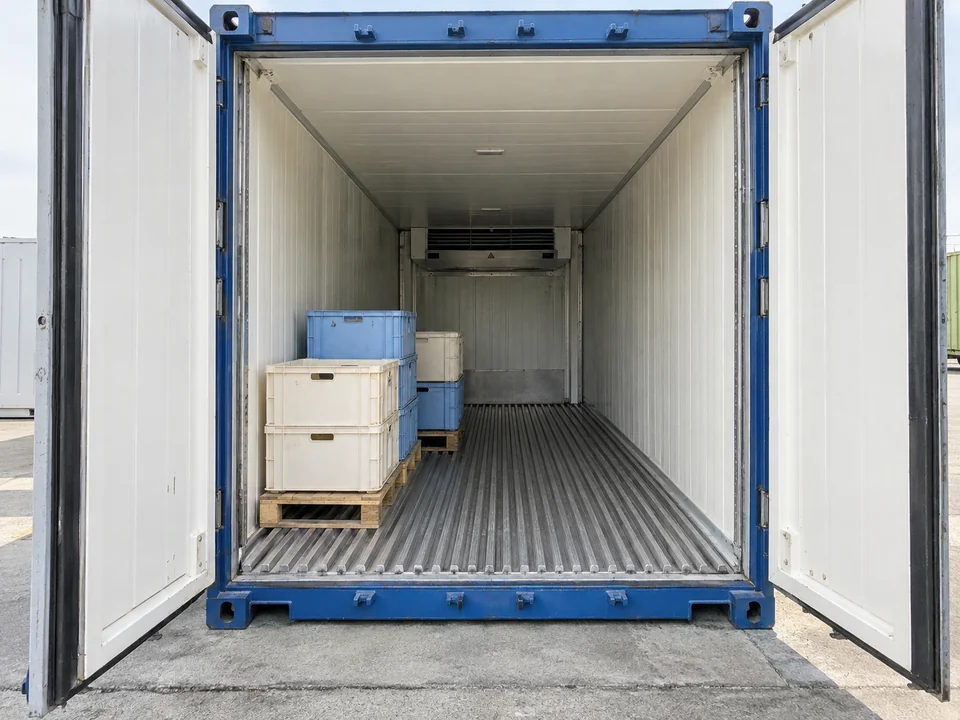 Intérieur isolé d’un container frigorifique avec des caisses de marchandises.